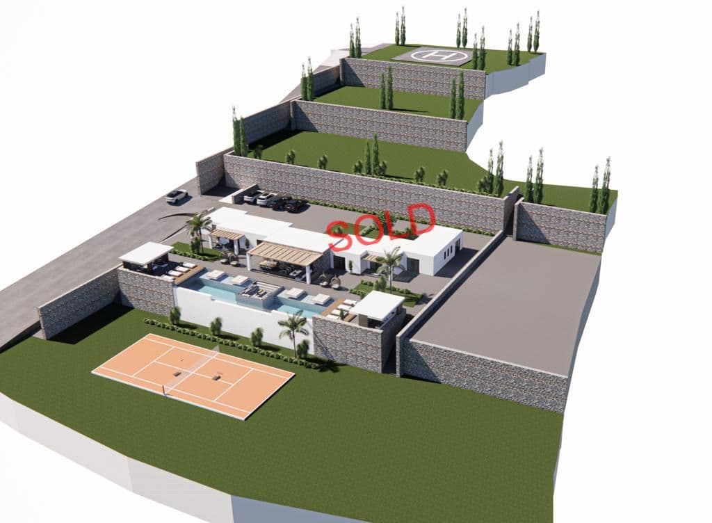 Architectural rendering of a villa with pool and tennis court on Paros